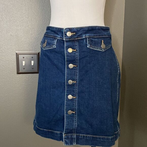 LOFT Dark Denim Button Down Stretch Jean Mini Skirt - Picture 10 of 10